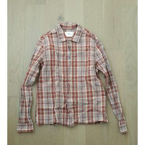 Folk Clothing Plaid Button Down Shirt Red Blue Cotton Linen Blend Size 1